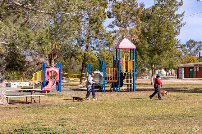 Residents of Tucson walk through Palo Verde Park with their dogs.