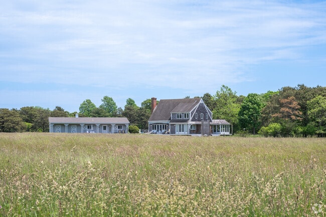 Tall grass blows in the wind in front of this West Tisbury home.
