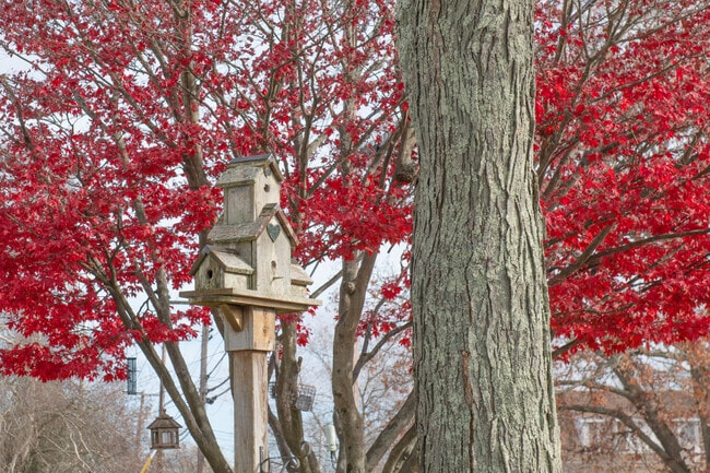 A condominium for birds graces the lawn of a home in the Acushnet neighborhood.