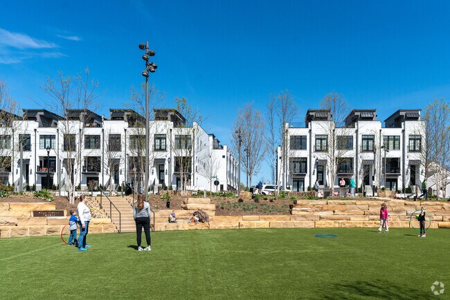 Town homes line the side of the Downtown Cary Park in Downtown Cary.