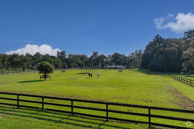 Midway property with stables offers open land for horses and outdoor activities.