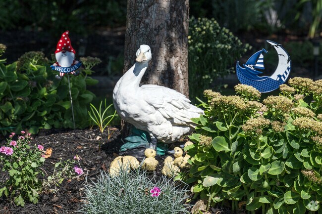 A goose with goslings and gnomes keep a garden festive in the Pocasset Heights neighborhood.