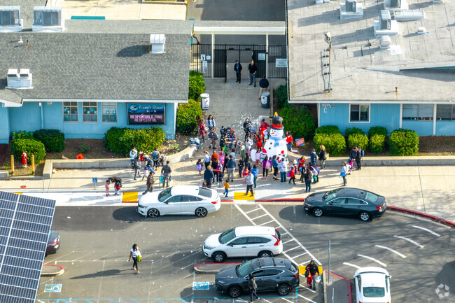 A view of the Stewart Elementary School and students from the air.