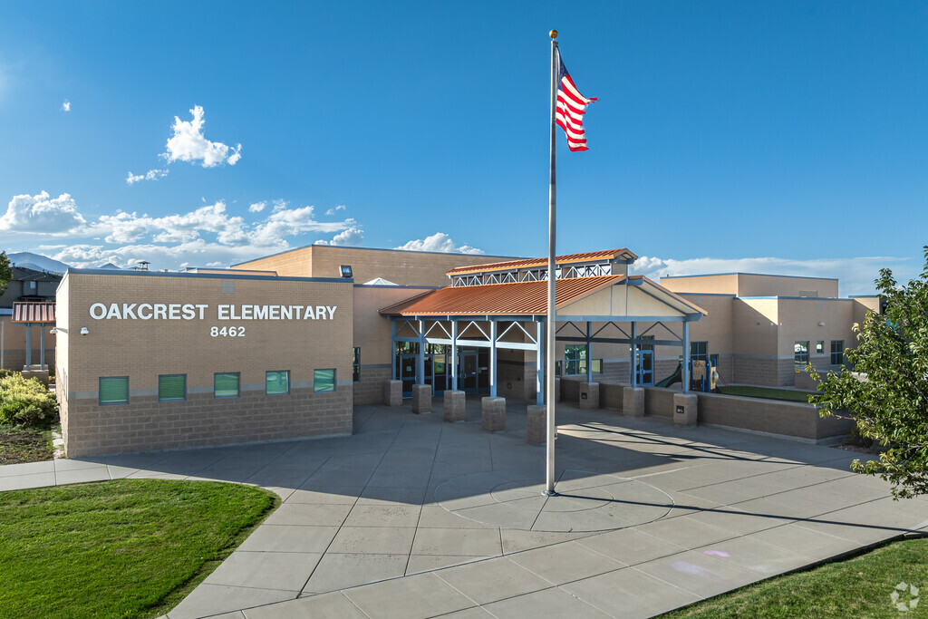 The American Flag waves in front of Oakcrest Elementary.