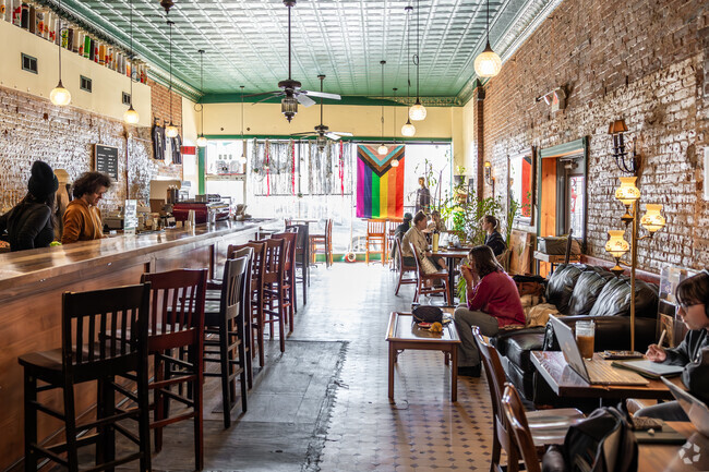 Locals grab coffee at the peaceful Mokaska Coffee Company in downtown St Joseph.