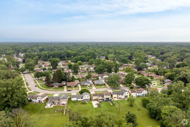 Aerial view of the Five Points neighborhood showing lush trees and large lots.