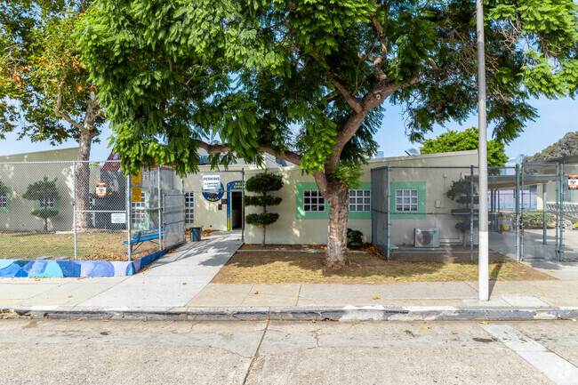 Tall shade trees offer a cooling effect on the entrance of Perkins Elementary School.