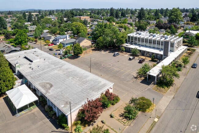 Overlooking Portland Village School's two buildings and parking lot.