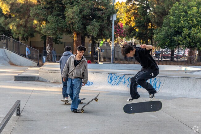 Local kids are enjoying the Hayward Skatepark by showing off their tricks near Harder-Tennyson.