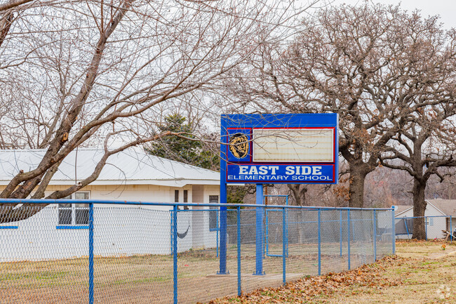Close up shot of the signage of East Side Elementary School.