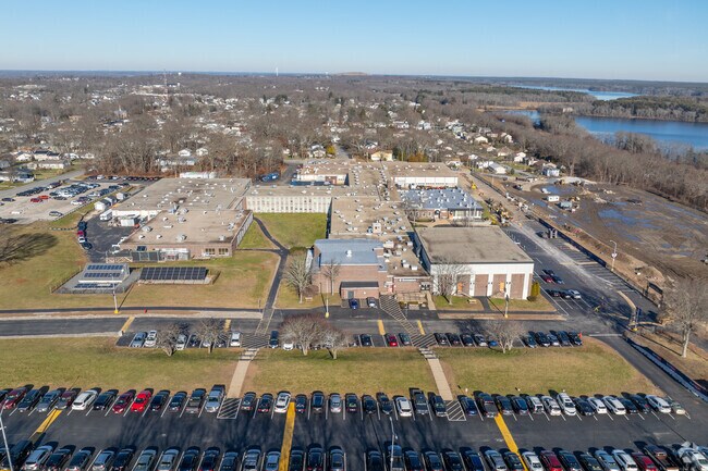 An aerial view highlights Diman Regional Vocational Technical High School in Fall River.