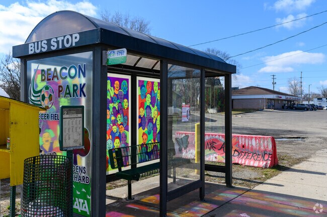 A colorful bus stop next to the Southside Community Coalition in Colonial Village.