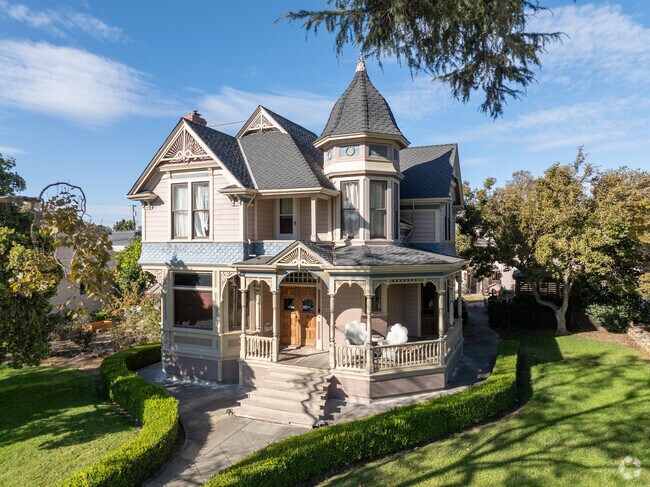 Hollister's Victorian charm shines through intricate woodwork and steep gables.