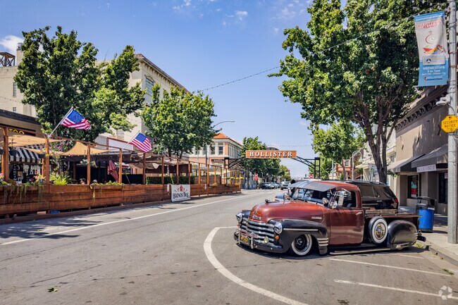 A classic car draws attention in iconic downtown Hollister, California.