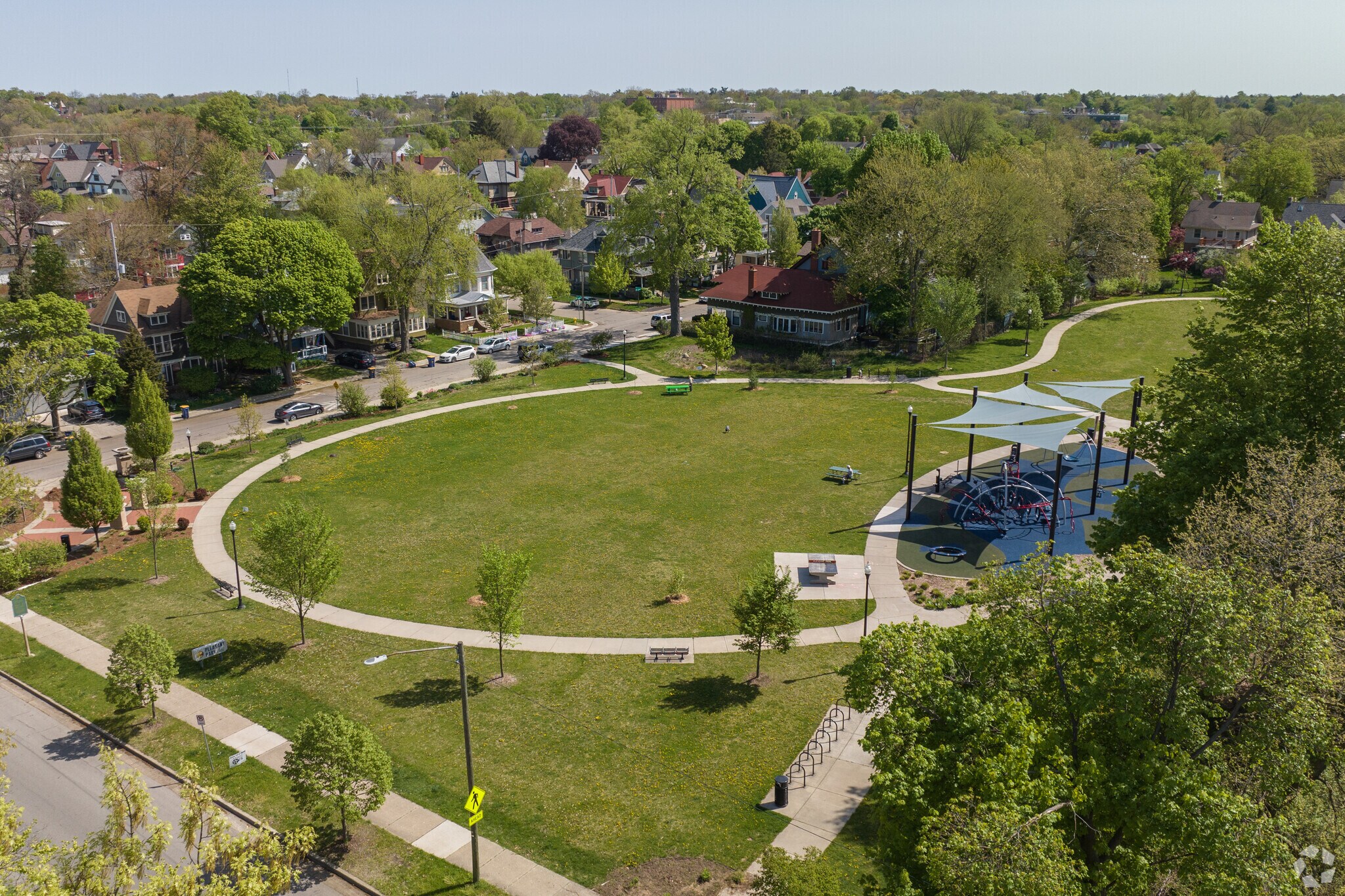 Aerial overview of Pleasant Park at intersection of Madison Ave and Pleasant St in South Hill.