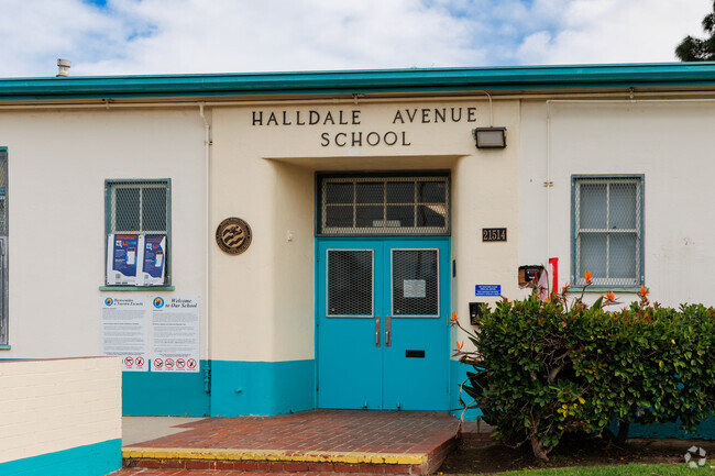 Main entrance to the school building, on Halldale Ave.