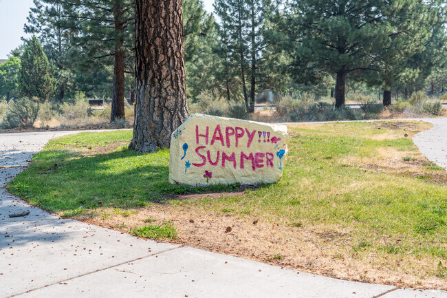 Cascade Middle School has brightly painted boulders on campus in Bend.