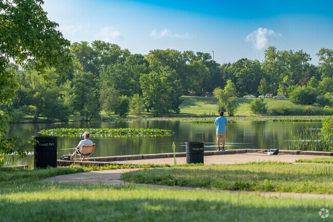 Forest park features multiple lakes and ponds for fishing.