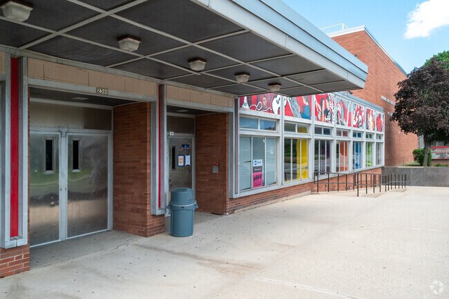 Artistic murals greet students arriving at Milwaukee High School of the Arts in Avenues West.