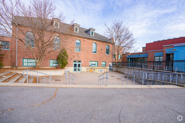 This is the rear entrance to Rindge Avenue Upper School in North Cambridge.