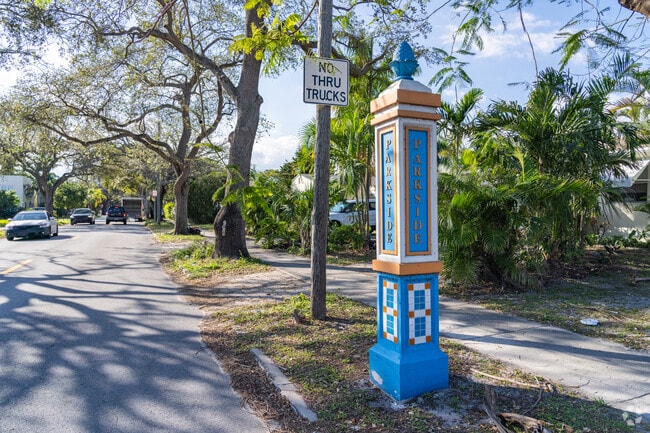 Parkside entrances feature sign posts labeled with the neighborhood name.