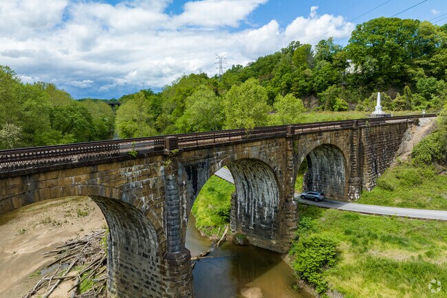 The Thomas Viaduct built in 1835 spans the Patapsco River and Patapsco Valley in Arbutus.
