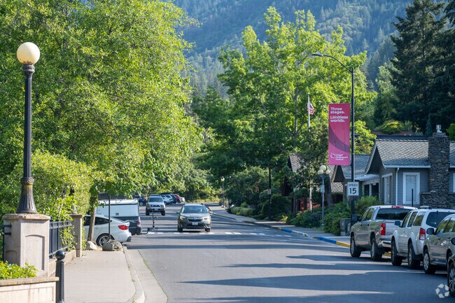 The 3 Tiers of Ashland as beautiful street lined with trees.