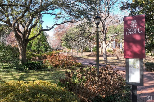 Columbia's University Hill combines green spaces like Gibbes Green with urban flair.