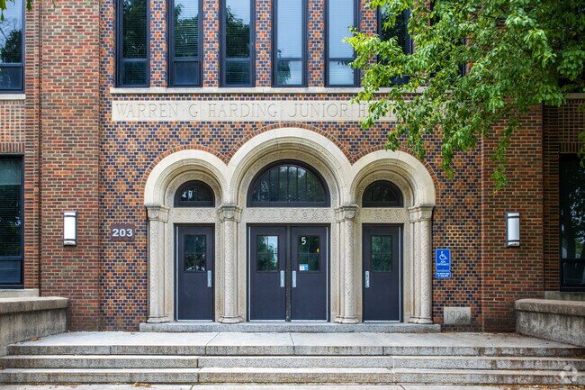 Harding Middle School has a large entrance to fit all the students and teachers in Highland Park