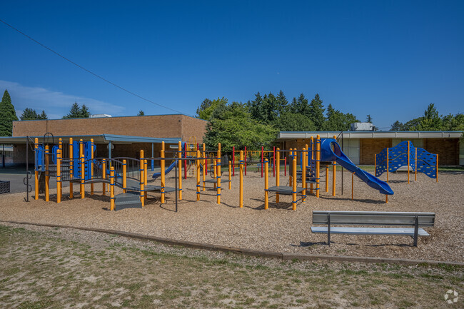Colorful playgrounds at Chehalem Elementary School in the neighborhood of West Beaverton, Oregon