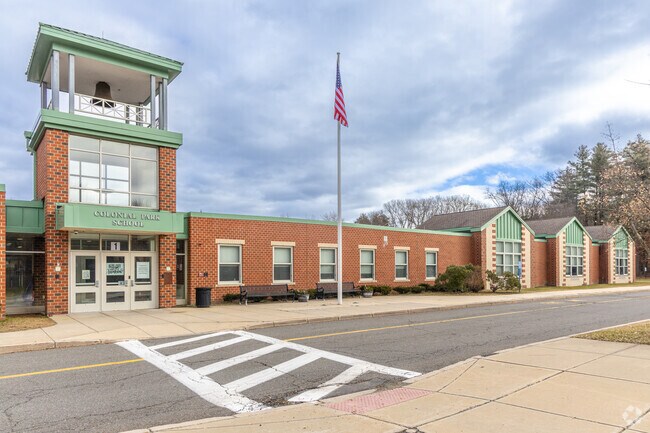 The cross walk and main entry to the Colonial Park Elementary School in Stoneham, MA.