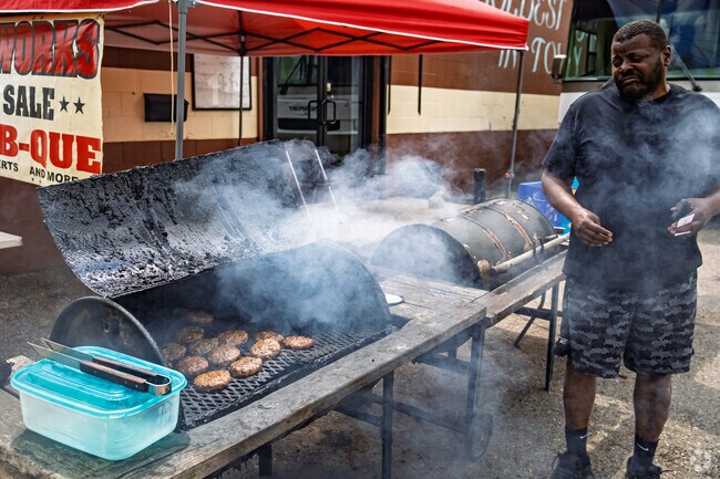 Independent BBQ joints like Leon's Bar-B-Que appear along major roadways in Northeast Village.