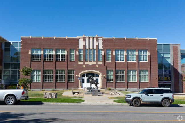 Parowan High School welcomes students with its iconic ram statue at the entrance.
