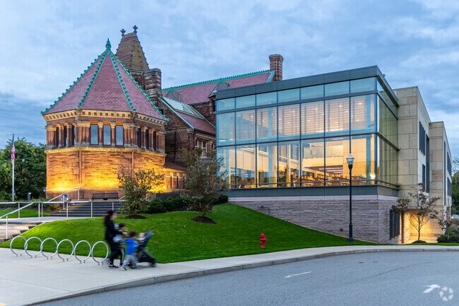 The Woburn Public Library is a historic library with a modern addition.