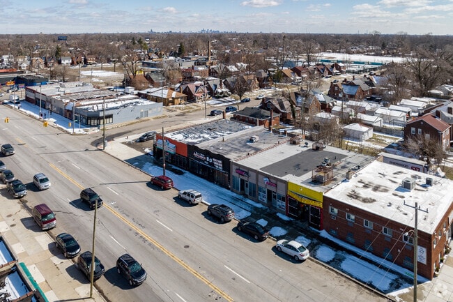 A view from Six Mile retailers to downtown Detroit in Harmony Village.