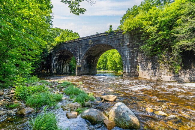 The Keystone Arches in Chester span the Westfield River as part of a historic rail line.