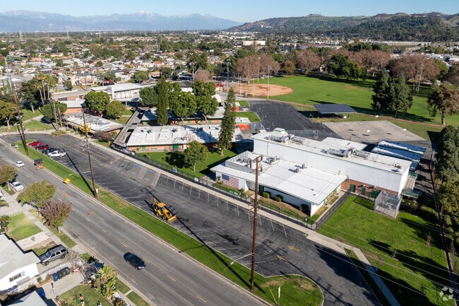 Birds eye view of North Park Academy of the Arts in the city of Pico Rivera, Ca.