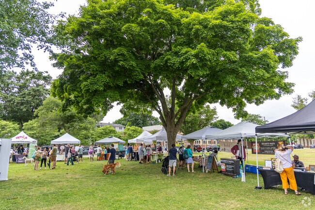 The Wakefield Farmers Market has several large trees at Veterans Field in Wakefield, MA.