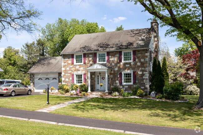 Two-story stone colonial home in the Northeast Philadelphia neighborhood.