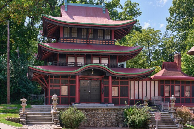 A Japanese pagoda at historic Seminary Park in Forest Glen.