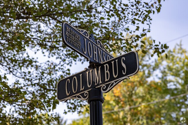 Unique street signs mark Bedford's roads that run through its Presidential District.