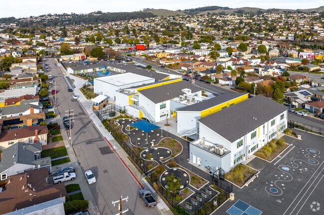 Aerial view of the Michelle Obama School buildings in El Cerrito.