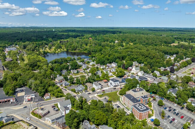 Along Main Street in Easton, you can find shops and ponds.