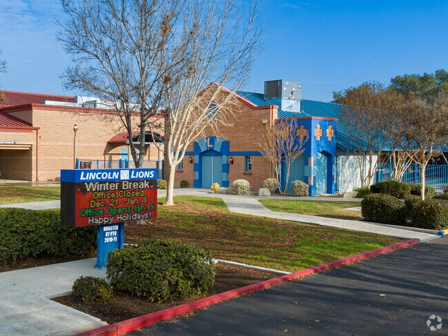 Students to Lincoln Elementary School are greeted at the entrance by a lighted marquee.