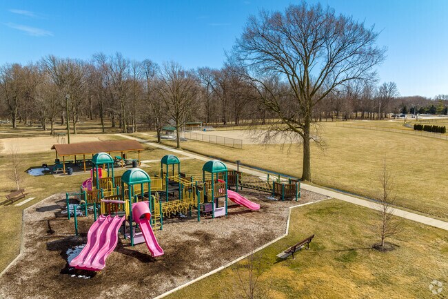 An aerial view of Clinton Township Civic Center playground and athletic fields
