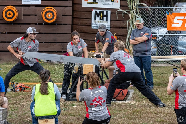 Teams from local high schools compete in lumberjack events at the Harwinton Fair in Burlington.