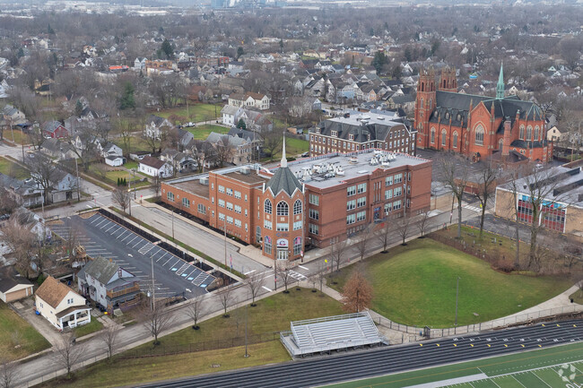 Aerial view of Cleveland Central Catholic High School and the surrounding area.