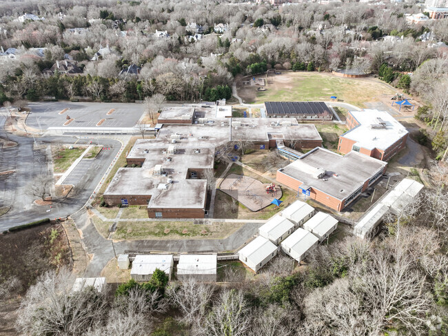 An aerial view of the campus at Sharon School in Charlotte.