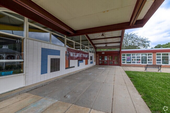 A covered entrance welcomes you to Spring Street Elementary School in West Bridgewater.