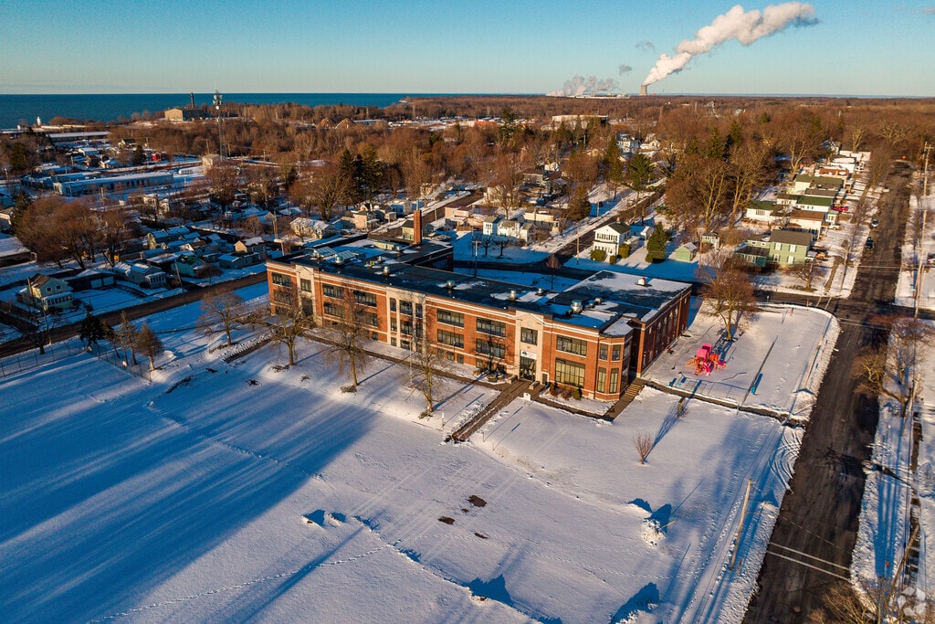 Fitzhugh Park Elementary in Oswego can be seen with iconic Nine Mile Nuclear plant behind it.